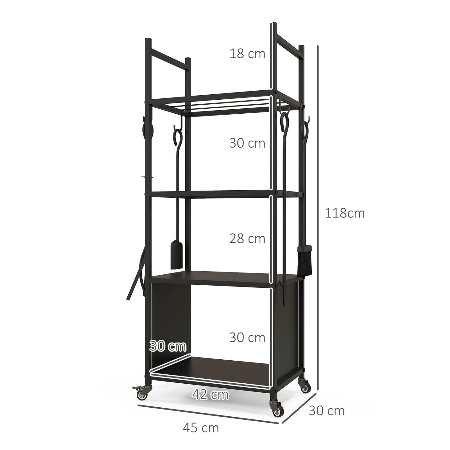 Outsunny 4-Ebenen-Feuerholzregal mit Rädern und 4 Werkzeugen, Brennholzregal aus Metall für den Innen- und Außenbereich, Schwarz