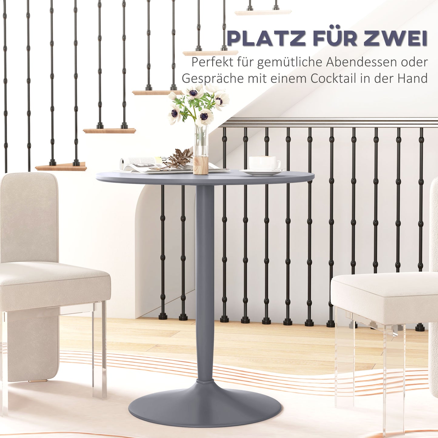 HOMCOM Esstisch für 2 Personen, runde Tischplatte, Stahlfuß, Grau, 70 x 70 x 75 cm