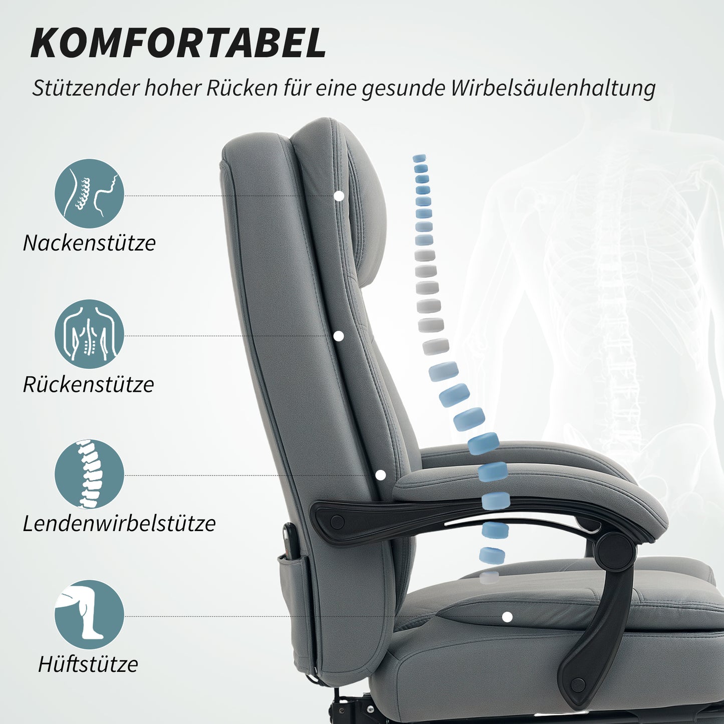 HOMCOM Bürostuhl mit Massagefunktion, höhenverstellbarer Schreibtischstuhl mit neigbarer Rückenlehne, gepolstert, rollbar, Grau