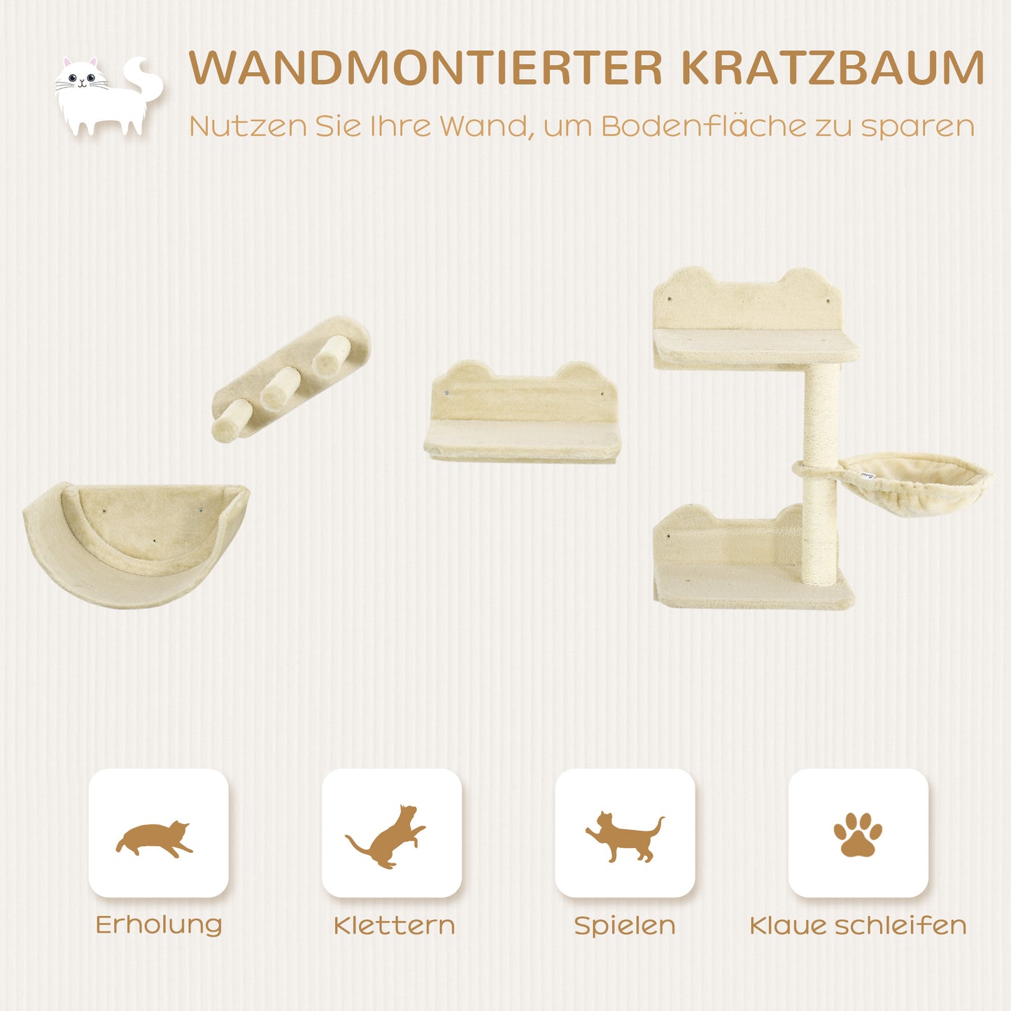PawHut Kletterwand-Set för Katzen, 4-teilig, mit Katzentreppe, Hängematte, Plattform och Kratzbaum, Beige
