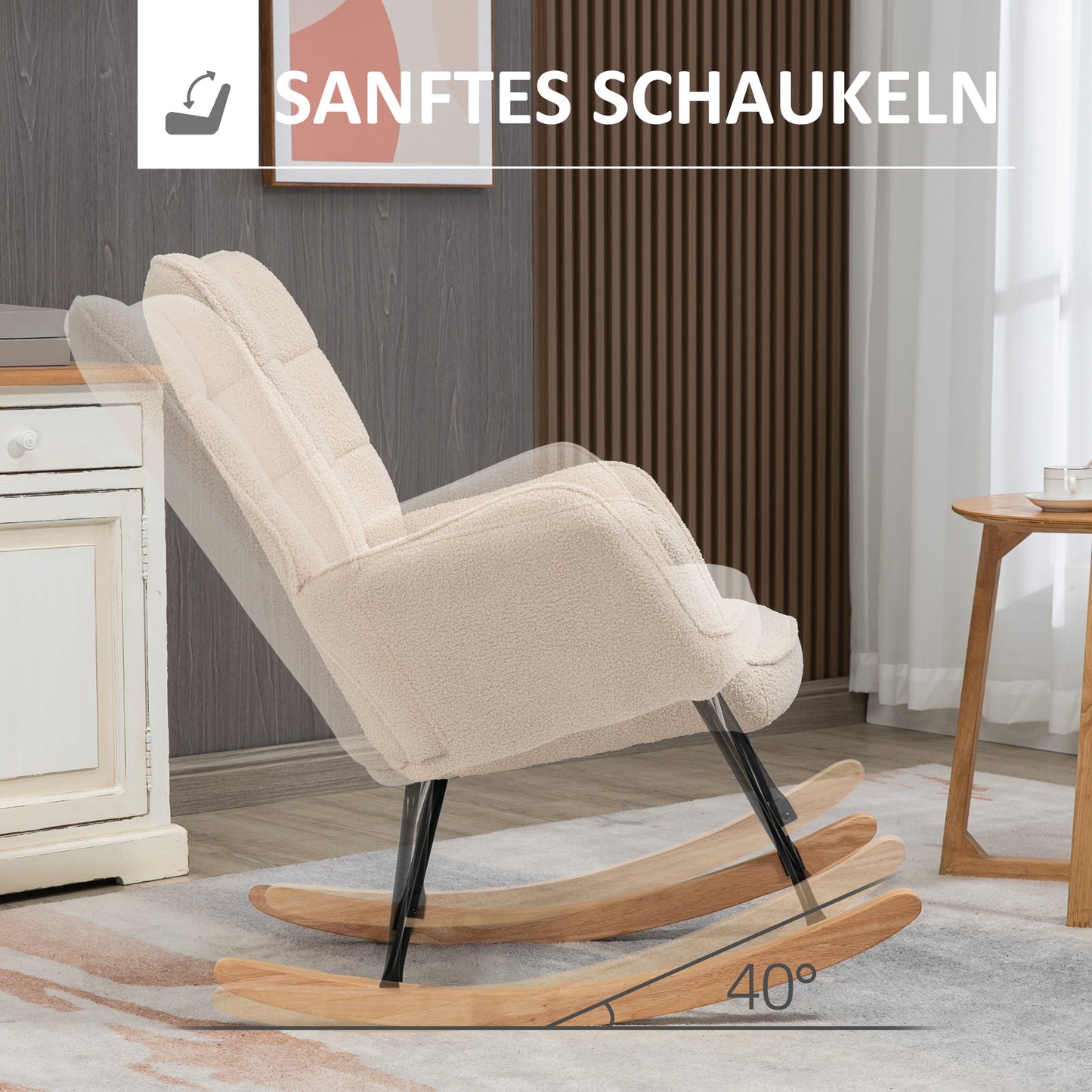 HOMCOM Schaukelstuhl im Retro-Design, Massivholz, Sessel, Relaxsessel, 98 cm x 71 cm x 101 cm, Beige