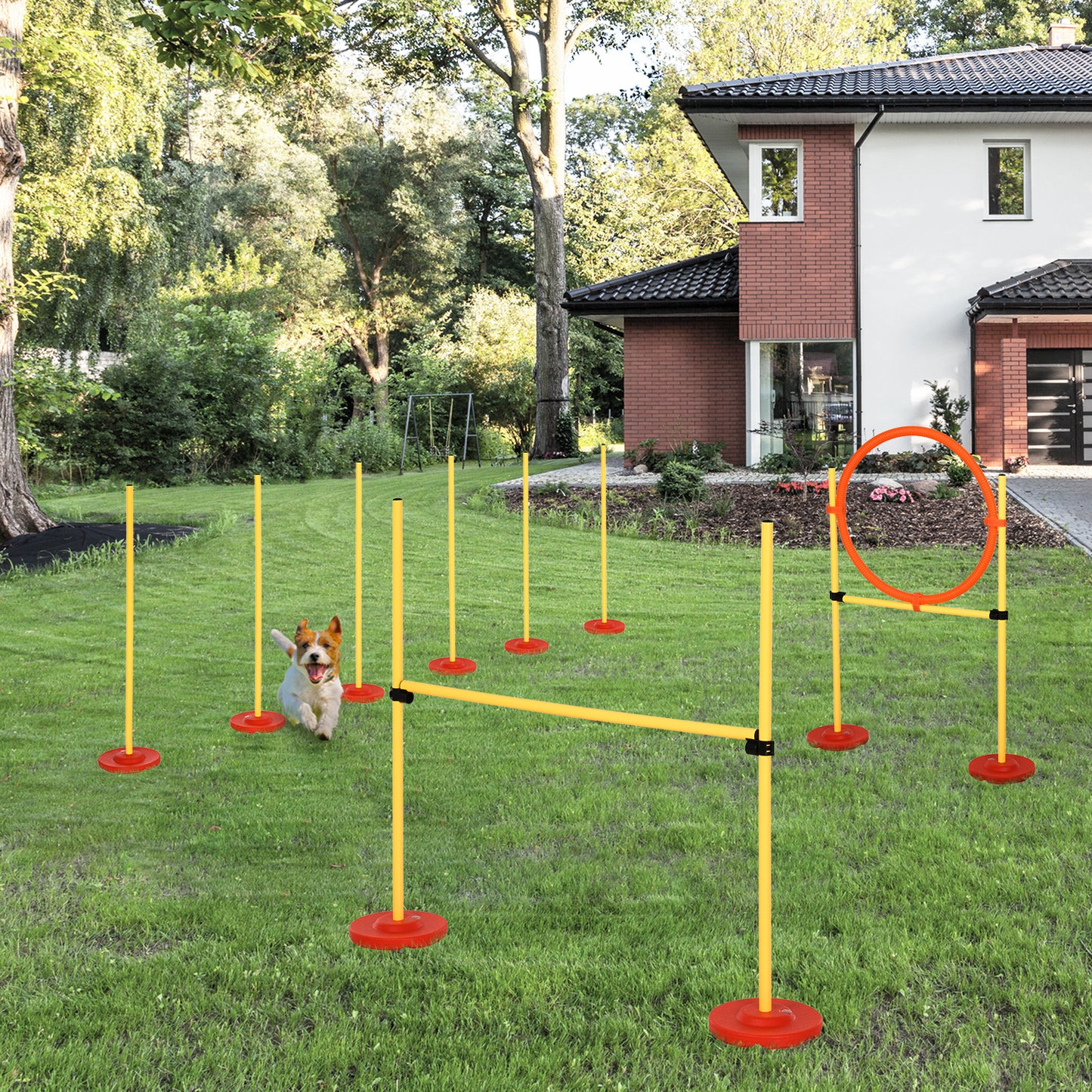 PawHut Agility Set Hunde 3-teiliges Agility-Ausrüstung für Hundetraining Steckhürdenset mit 6 Slalomstangen höhenverstellbar Hürden Sprungreifen Tragetasche Agilityset für Spiele Training