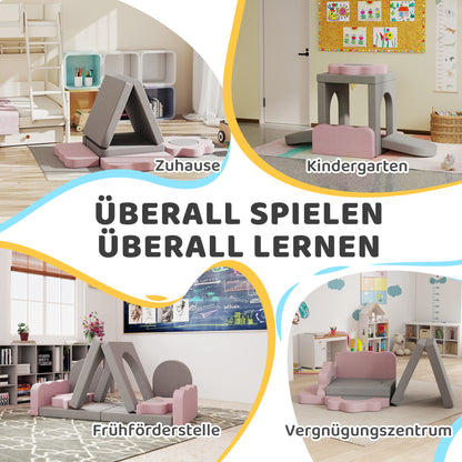 AIYAPLAY 12-teiliges Set Schaumstoffblöcke zum Klettern, Bauen, Krabbeln, Indoor-Spielmatten mit Cordbezug, Grau+Rosa