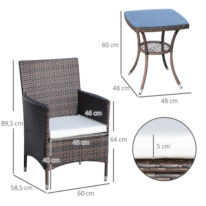 Outsunny Polyrattan Gartenmöbel Set, Outdoor Lounge Balkonmöbel für 2 Personen, 3-teilig Sitzgruppe, 2 Stühle, Tisch Sitzkissen, Gartenlounge für Garten, Terrasse, Balkon, Braun