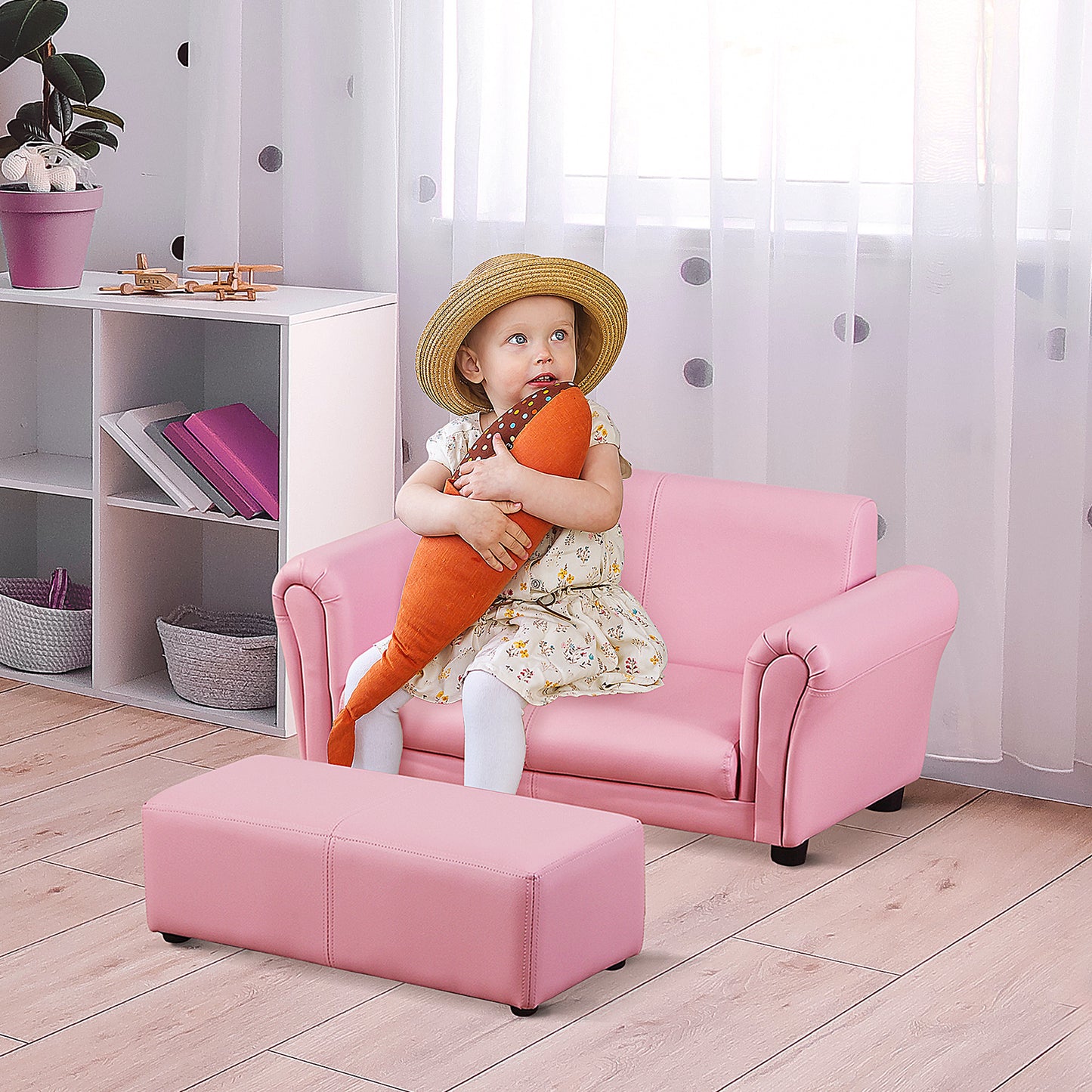 HOMCOM Kindersessel mit Fußhocker, Kindercouch mit Hocker, Kindersofa, Sofa Sessel, Rosa 83 x 42 x 41 cm