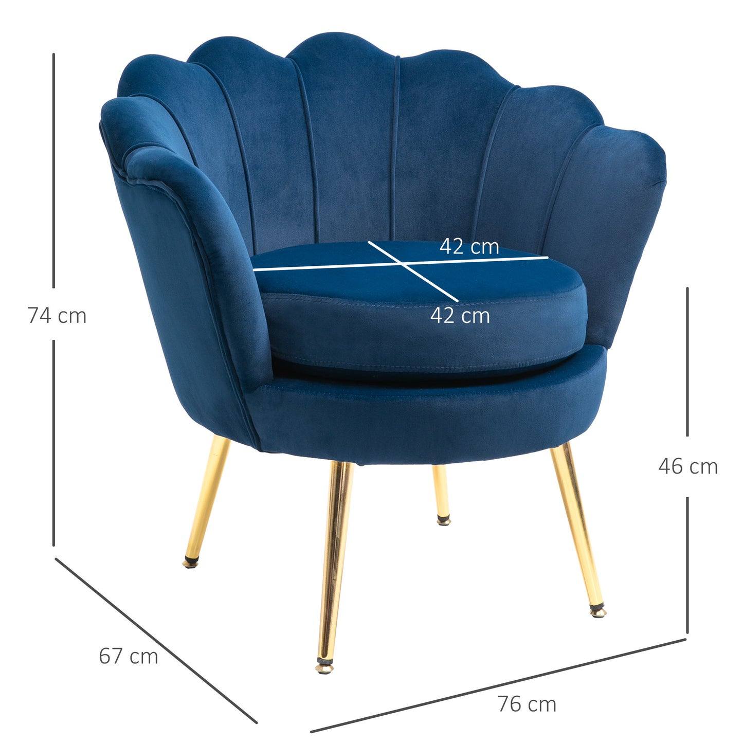 HOMCOM Lounge-Sessel, Vintage-Sessel in Samtoptik, Metallgestell, 76 x 67 x 74 cm, Blau