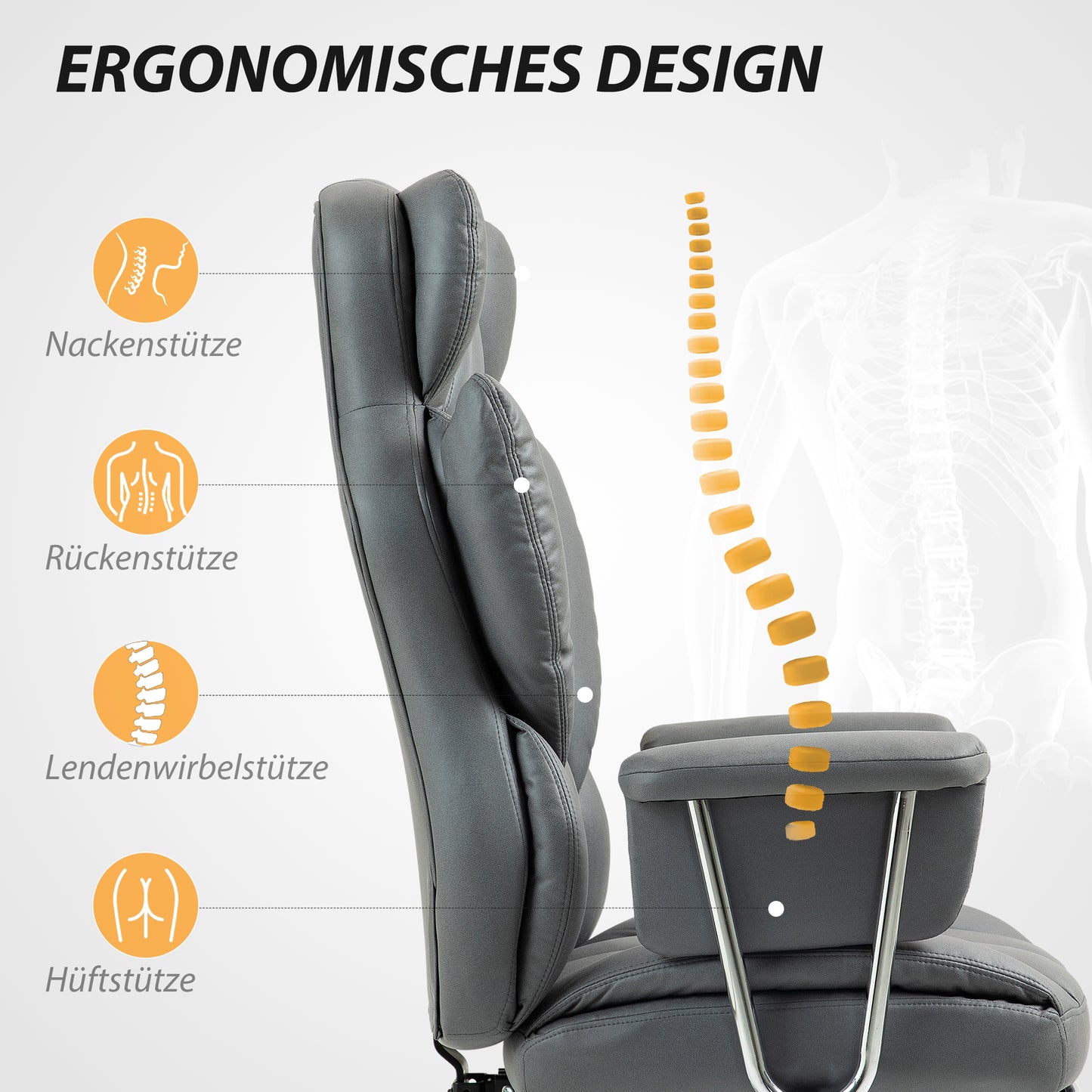 HOMCOM Ergonomischer Bürostuhl, gepolstert, mit Fußstütze, verstellbarer Lehne, 360° drehbar, Dunkelgrau