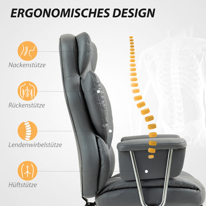 HOMCOM Ergonomischer Bürostuhl, gepolstert, mit Fußstütze, verstellbarer Lehne, 360° drehbar, Dunkelgrau