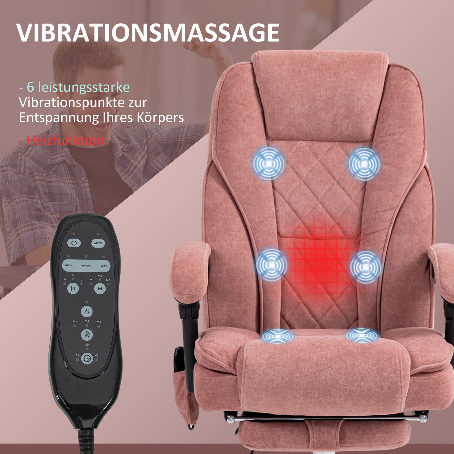 Vinsetto Ergonomischer Bürostuhl mit Massagefunktion, Fußstütze, drehbar, rollbar, Rosa