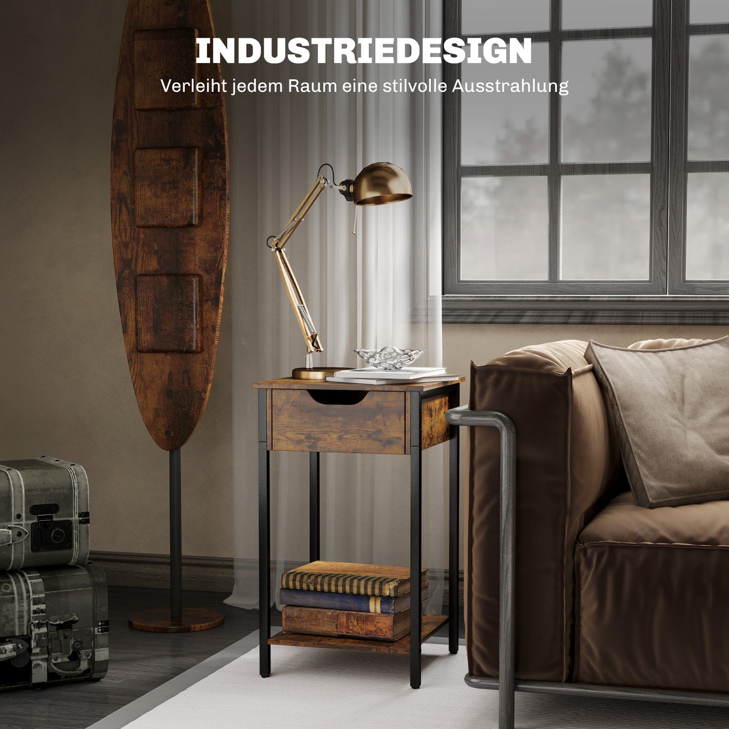 HOMCOM Beistelltisch im Industriestil, Schublade, Ablagefach, Metallrahmen, Holz, 40 x 40 x 68 cm, Braun