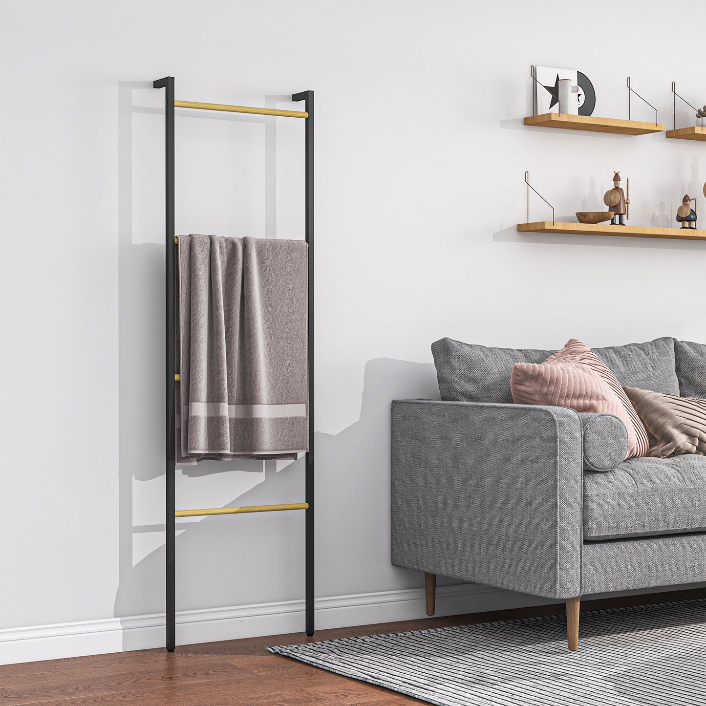 HOMCOM Handtuchhalter, freistehend, 4 Stangen, 49x5,5x167,5cm, Schwarz/Naturholz