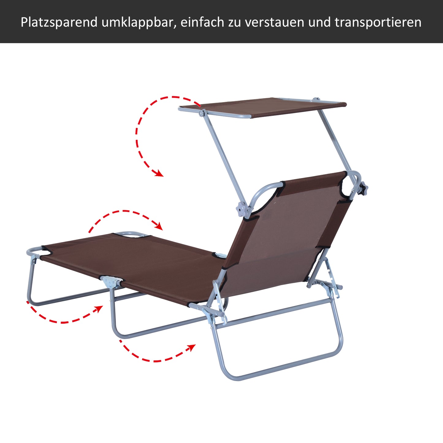 Outsunny Sonnenliege klappbar Gartenliege mit Sonnenschutz Liegestuhl mit 4-Fach verstellbare Rückenlehne Campingliege bis 120kg belastbar für Garten, Balkon und Pool geeignet, 6 Farben(Braun )