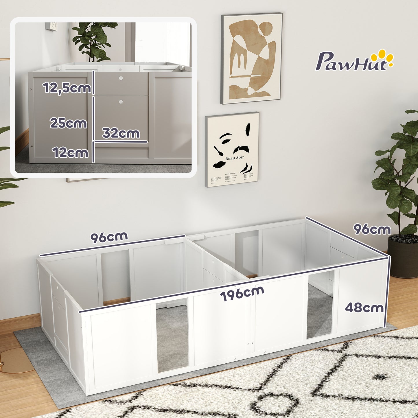 PawHut Wurfkiste für Welpen, teilbar i 2 Räume, Acrylfenster, 196 x 96 x 48 cm, Weiß
