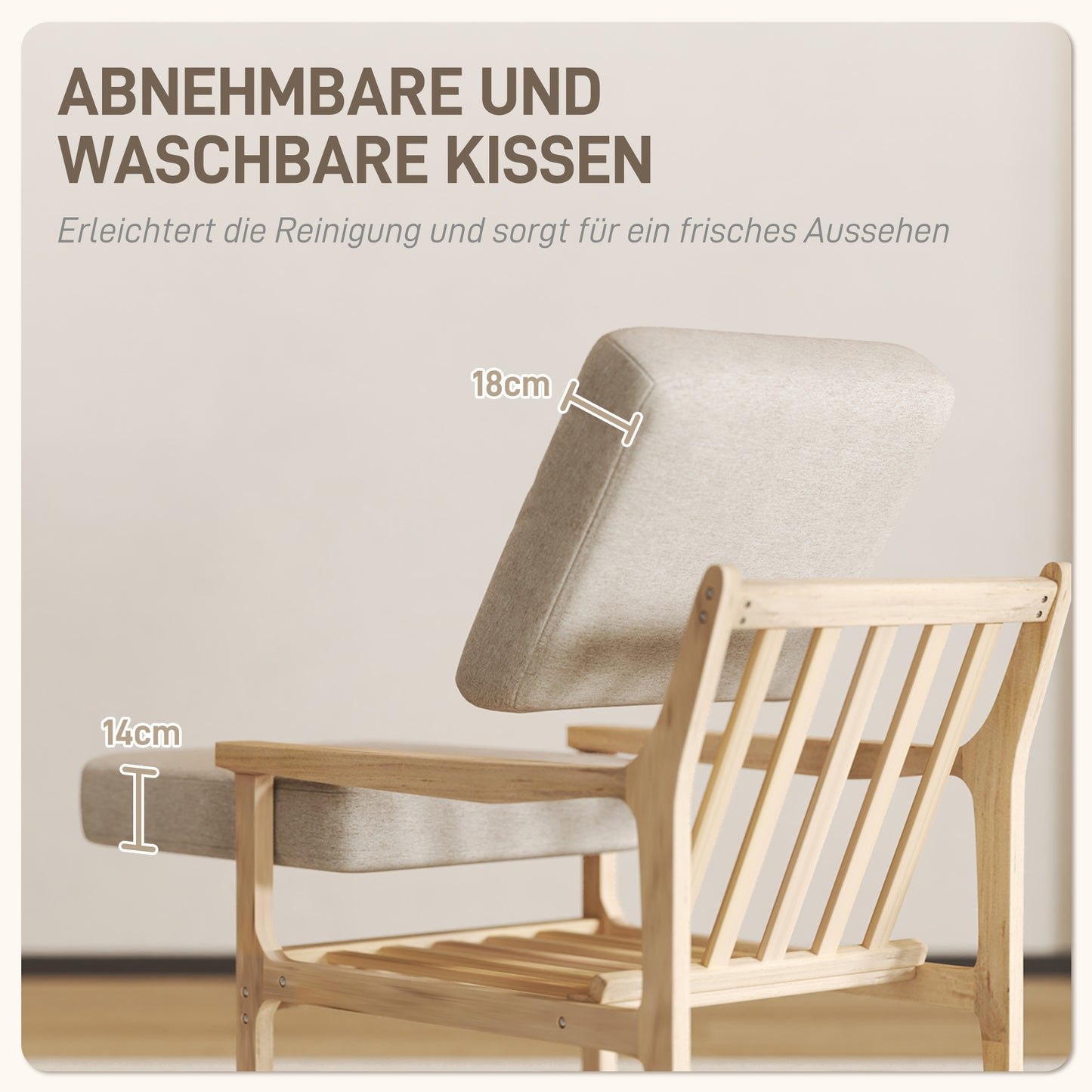 HOMCOM Polsterstuhl mit Armlehnen, solidem Holzrahmen und abnehmbaren Kissen, für Wohnzimmer, Schlafzimmer, Beige