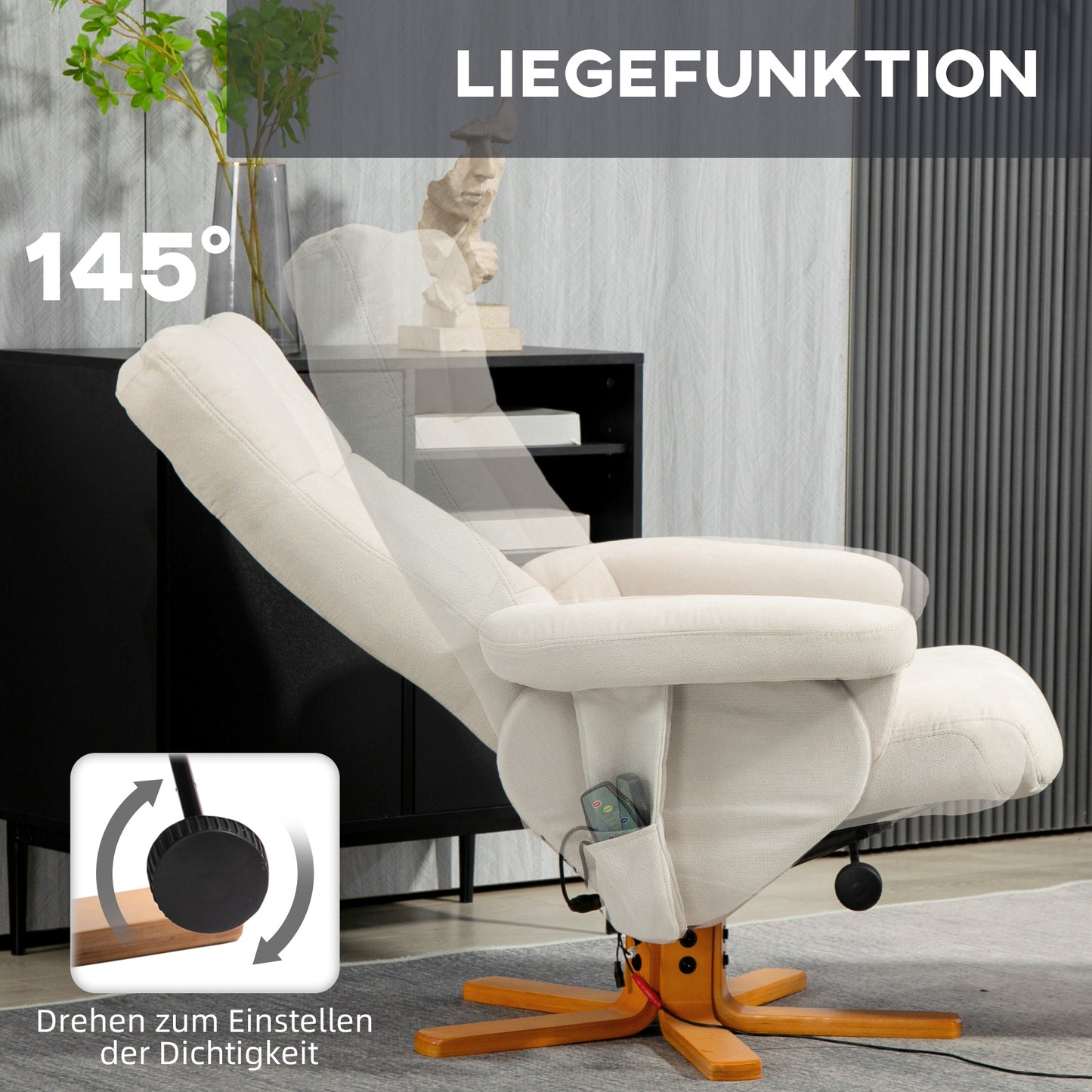 HOMCOM Massagesessel mit Liegefunktion und Fußhocker, 145°-Neigung, Polyester, 80 x 86 x 99 cm, Cremeweiß