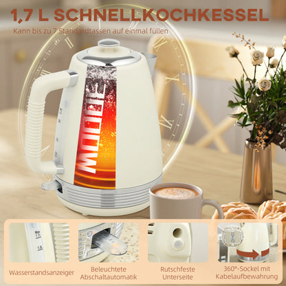 HOMCOM Wasserkocher- und Toaster-Set, 1,7 L, 2200W, Strix Thermostat, Filter, 4-Schlitz-Toaster, 7 Bräunungsstufen, Krümelfach