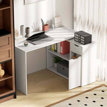 HOMCOM Flexibler Schreibtisch, 2-stufiger Schrank, Schublade, offene Fächer, Holz, Weiß