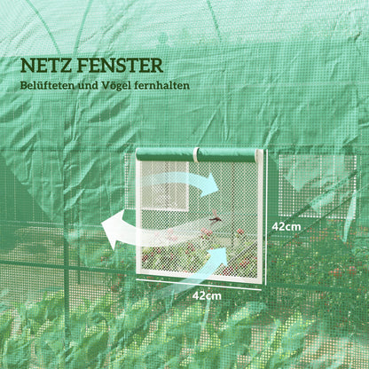 Outsunny Gewächshaus 245x200x198cm Foliengewächshaus Tomatenhaus mit Tür, 4 Fönster, Folientunnel aus verzinktem Stahl, PE, stabil Treibhaus Pflanztunnel, inkl. Erdanker &amp; Seilen, Grün