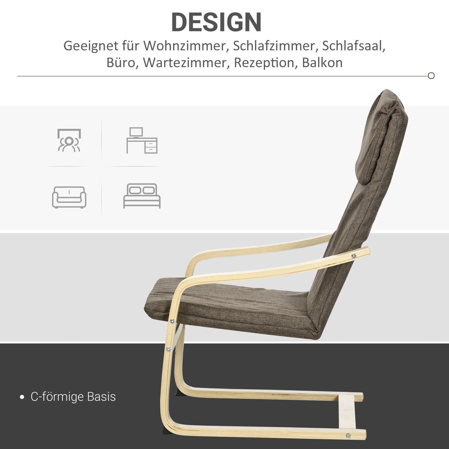 HOMCOM Sessel mit Kopfstütze und Armlehnen, Bezug in Leinenoptik, Holzgestell, Braun + Natur
