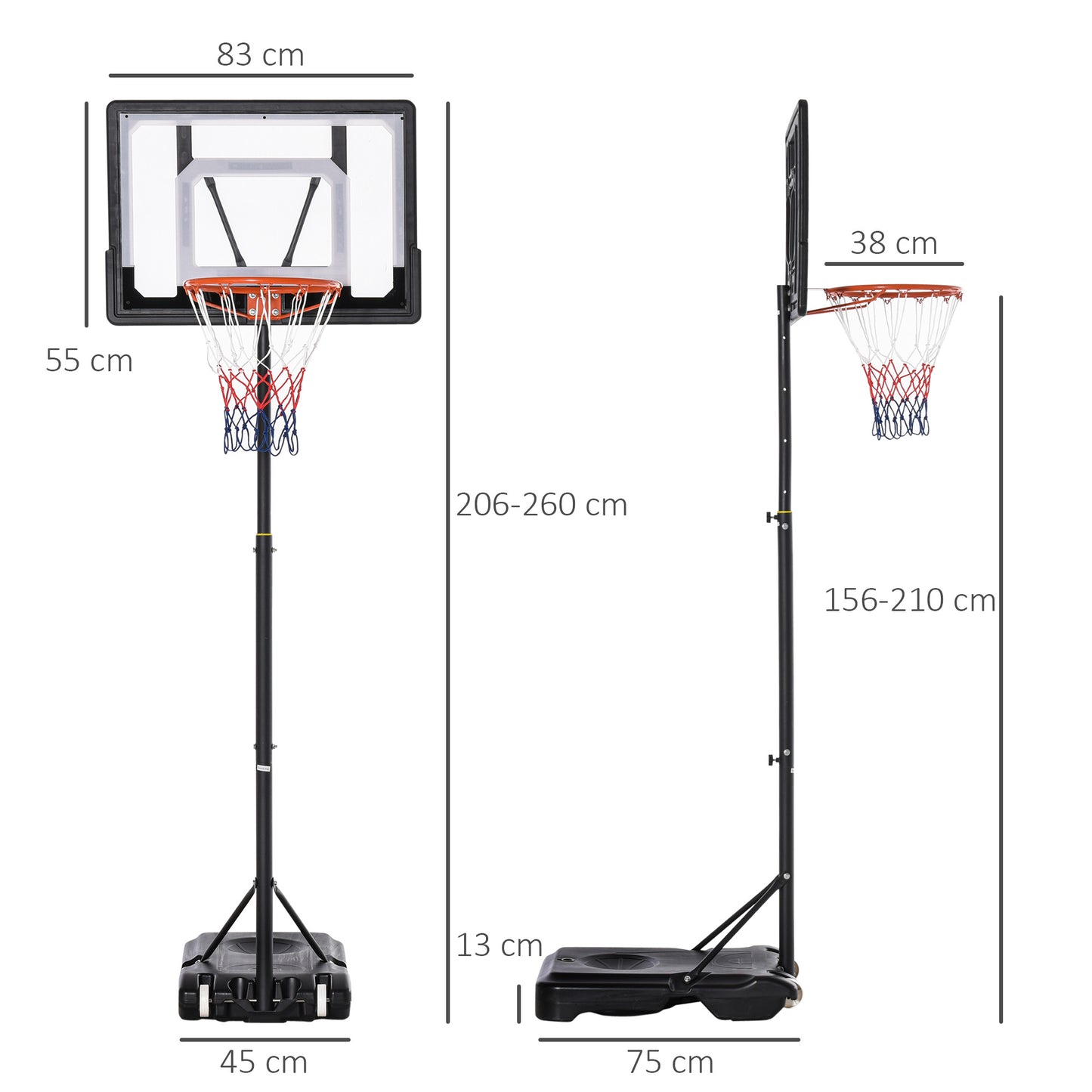 HOMCOM Basketballständer mit Rollen 83x55cm Rückwand, Mobiler Basketballkorb mit Ständer, verstellbare Korbhöhe 156 bis 210 cm, Basketballanlage für Kinder Jugendliche, fürs Außenbereich