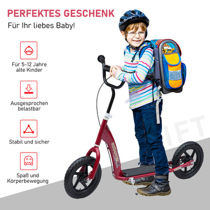 HOMCOM Kinderroller mit Hinterbremse Kickscooter 12 Zoll Tretroller Roller Scooter Cityroller für Kinder Kickboard Höhenverstellbar Stahl EVA Rot 120 x 52 x 80-88 cm
