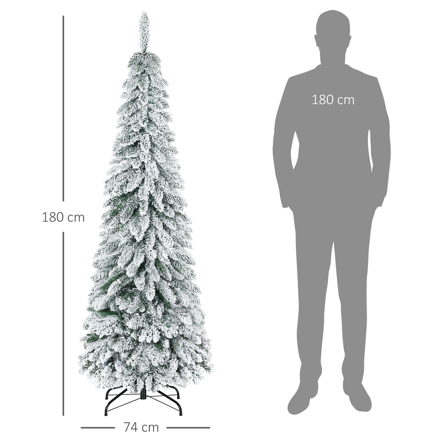 HOMCOM Künstlicher Weihnachtsbaum, 1,80 m, mit 523 Zweigen, Kunstschnee, lebensechtes Aussehen, schlanke Form