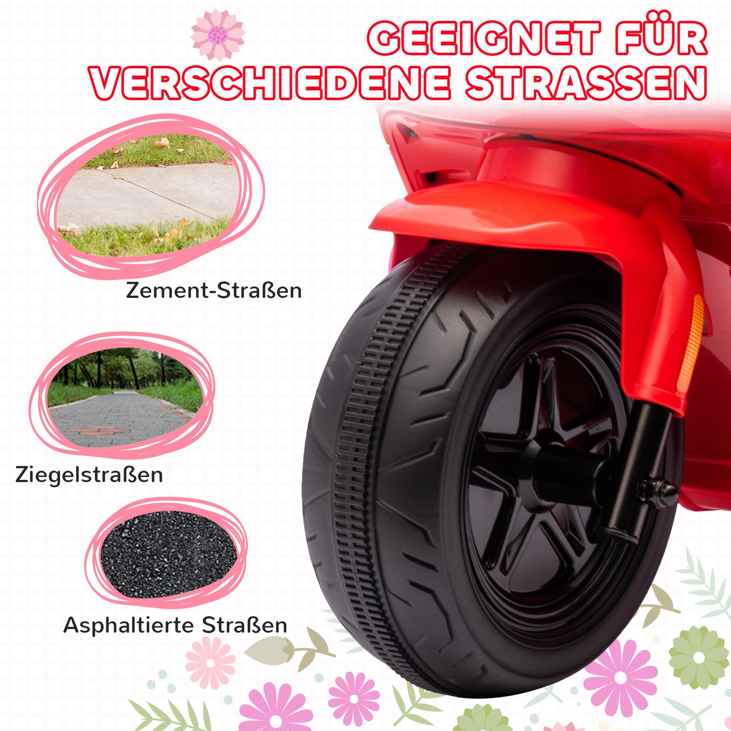 AIYAPLAY 6V Elektro-Motorrad für Kinder, mit Scheinwerfer und Musik, Vor- und Rückwärtsgang, Trainingsräder, 18-36 Monate, Rot