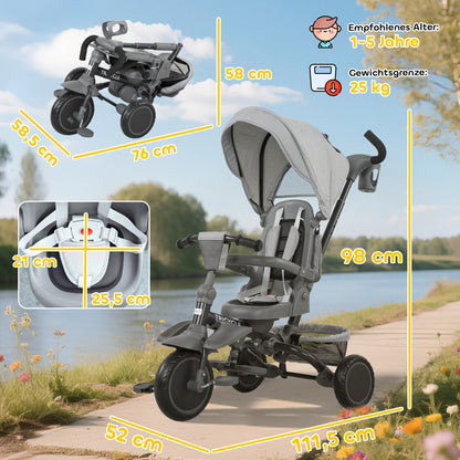 AIYAPLAY Kinderdreirad, 6-in-1 Buggy für Kleinkinder, mit Schiebegriff, verstellbarer Sitz, faltbares Design, Sicherheitsnetz, Grau