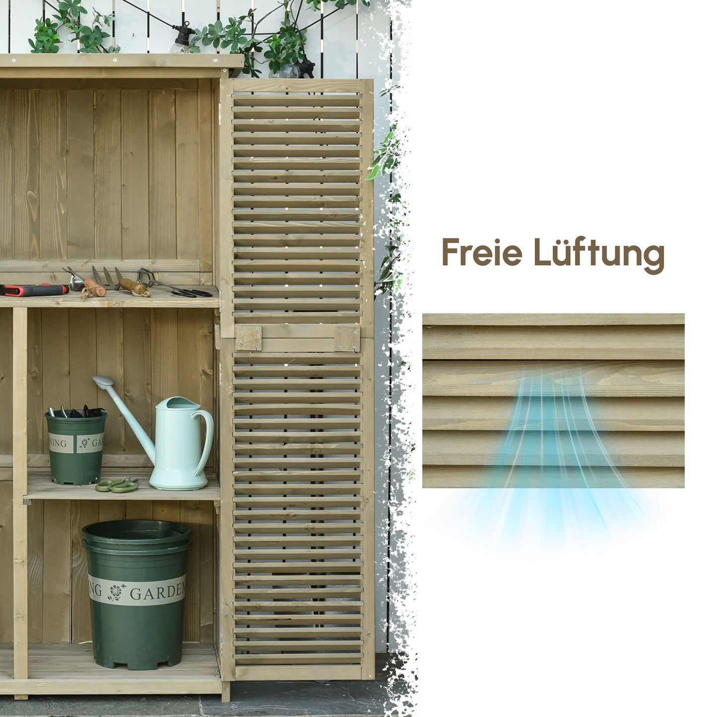 Outsunny Gartenschrank Holz Geräteschuppen Gerätehaus mit Asphaltdach Lamellentür Geräteschrank Schuppen Garten 4 Fächer Grau 87 x 46,5 x 160 cm