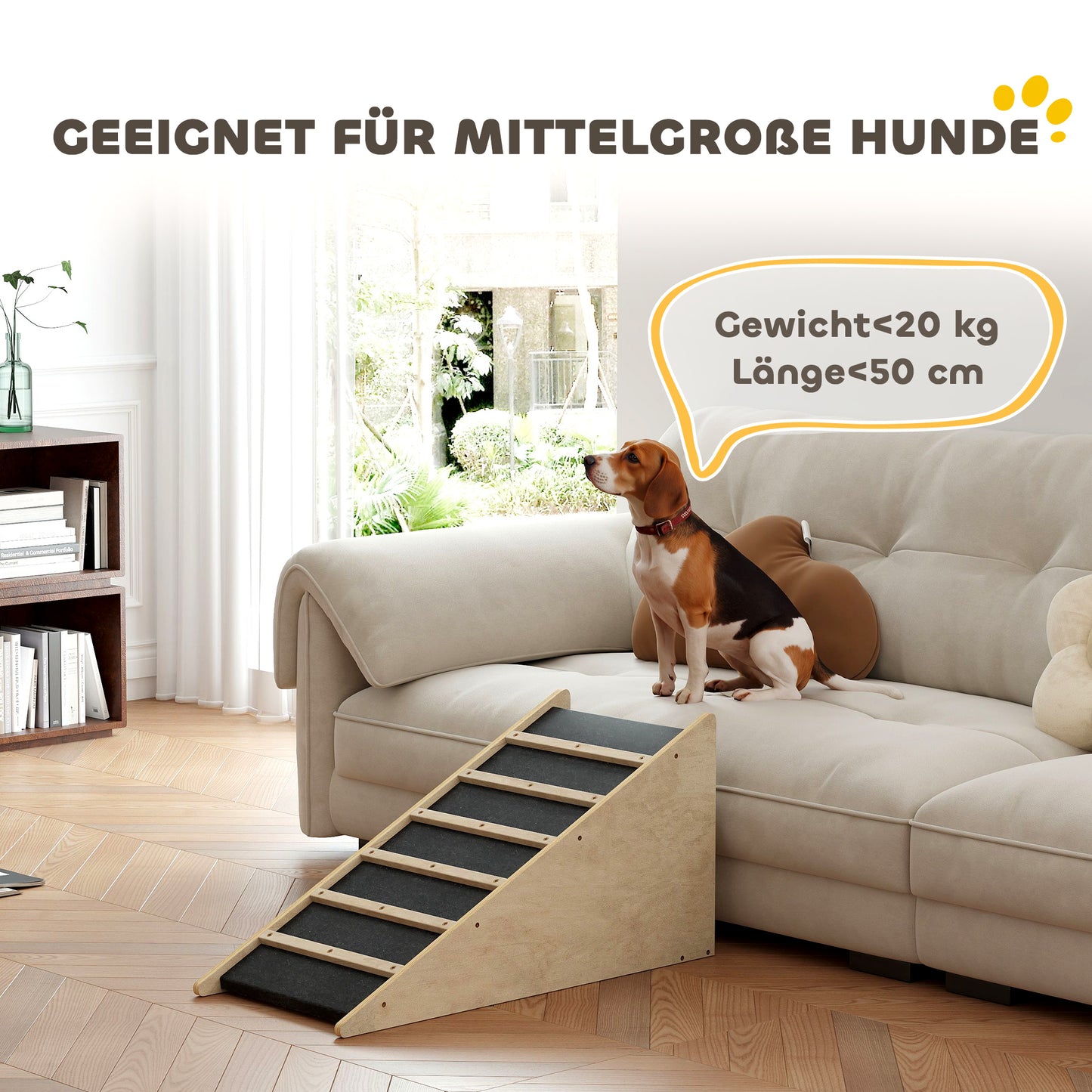 PawHut Haustiertreppe, Hundetreppe, Kiefernholz, Anti-Rutsch-Beschichtung, 90 cm x 40 cm x 45 cm, Natur + Grau