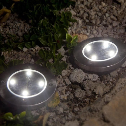Set of 8 round stainless steel solar spotlights, recessed or spiked - LUMISKY - DECKY - cool white LED - Ø12 cm