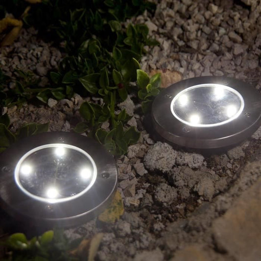 Set of 8 round stainless steel solar spotlights, recessed or spiked - LUMISKY - DECKY - cool white LED - Ø12 cm