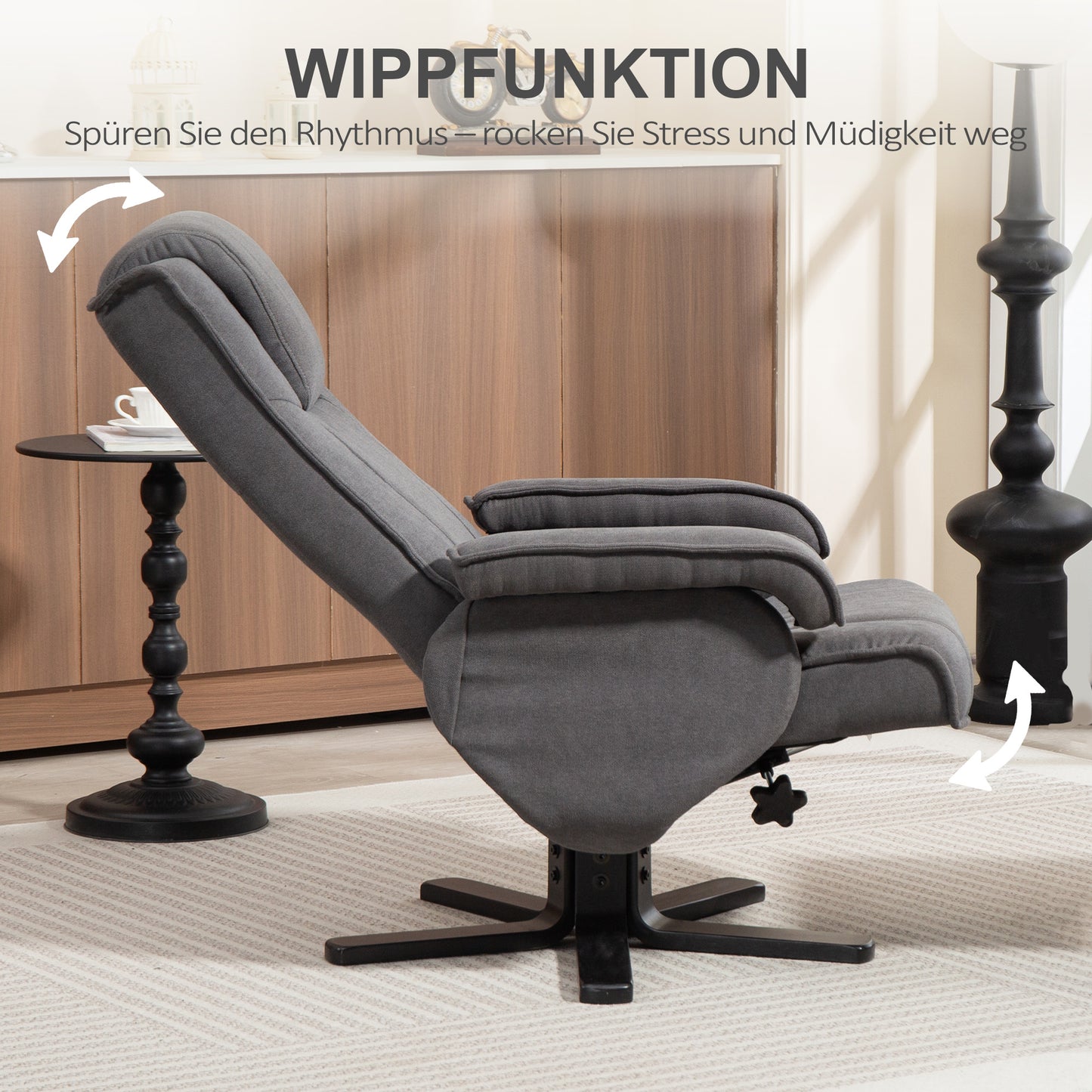 HOMCOM Schaukelbarer Relaxsessel mit Fußhocker, Stoffbezug in Samtoptik, drehbarer Polstersessel, Holzgestell, Grau