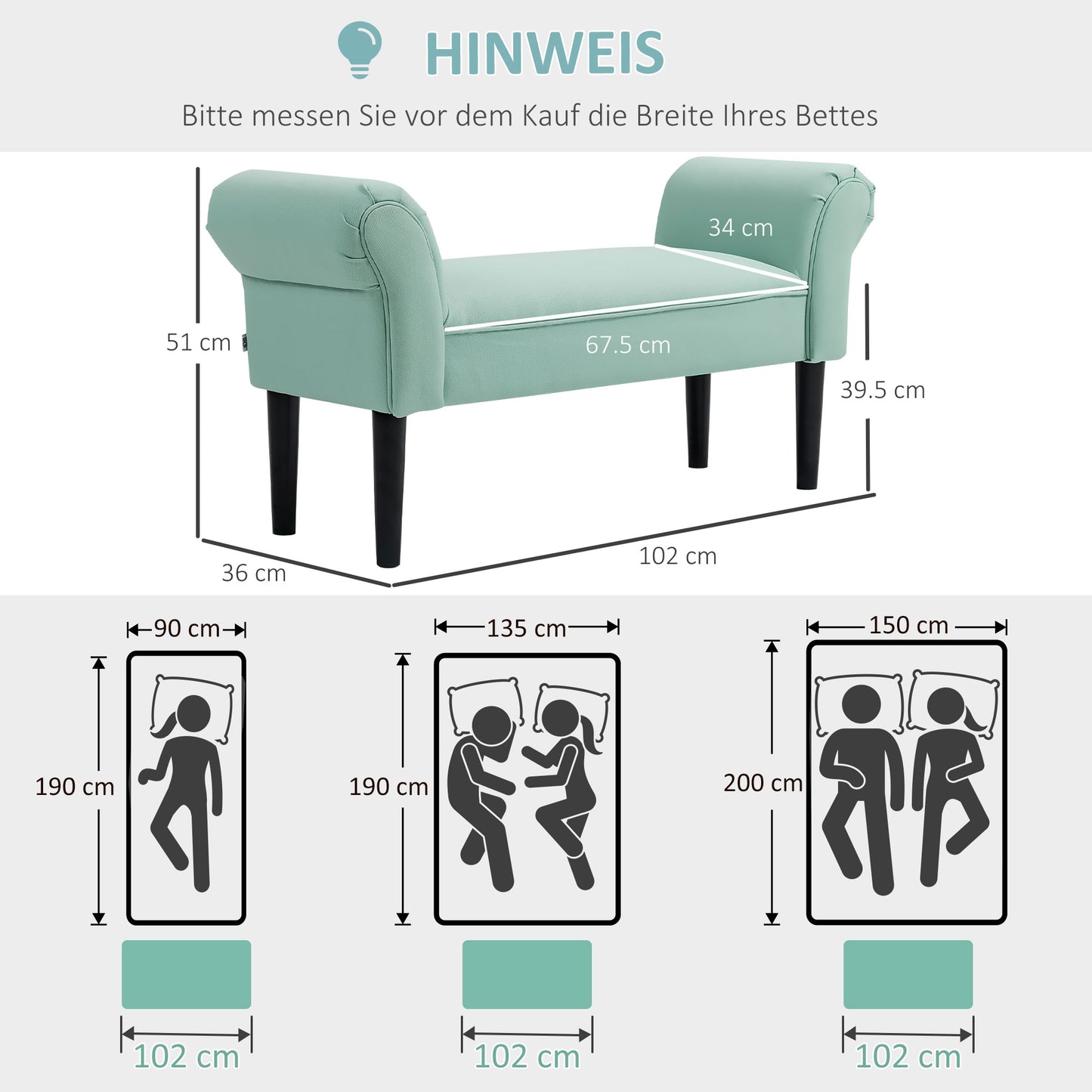 HOMCOM Gepolsterte Sitzbank für Schlafzimmer und Flur, bis 130 kg belastbar, 102 x 36 x 51 cm, Grün