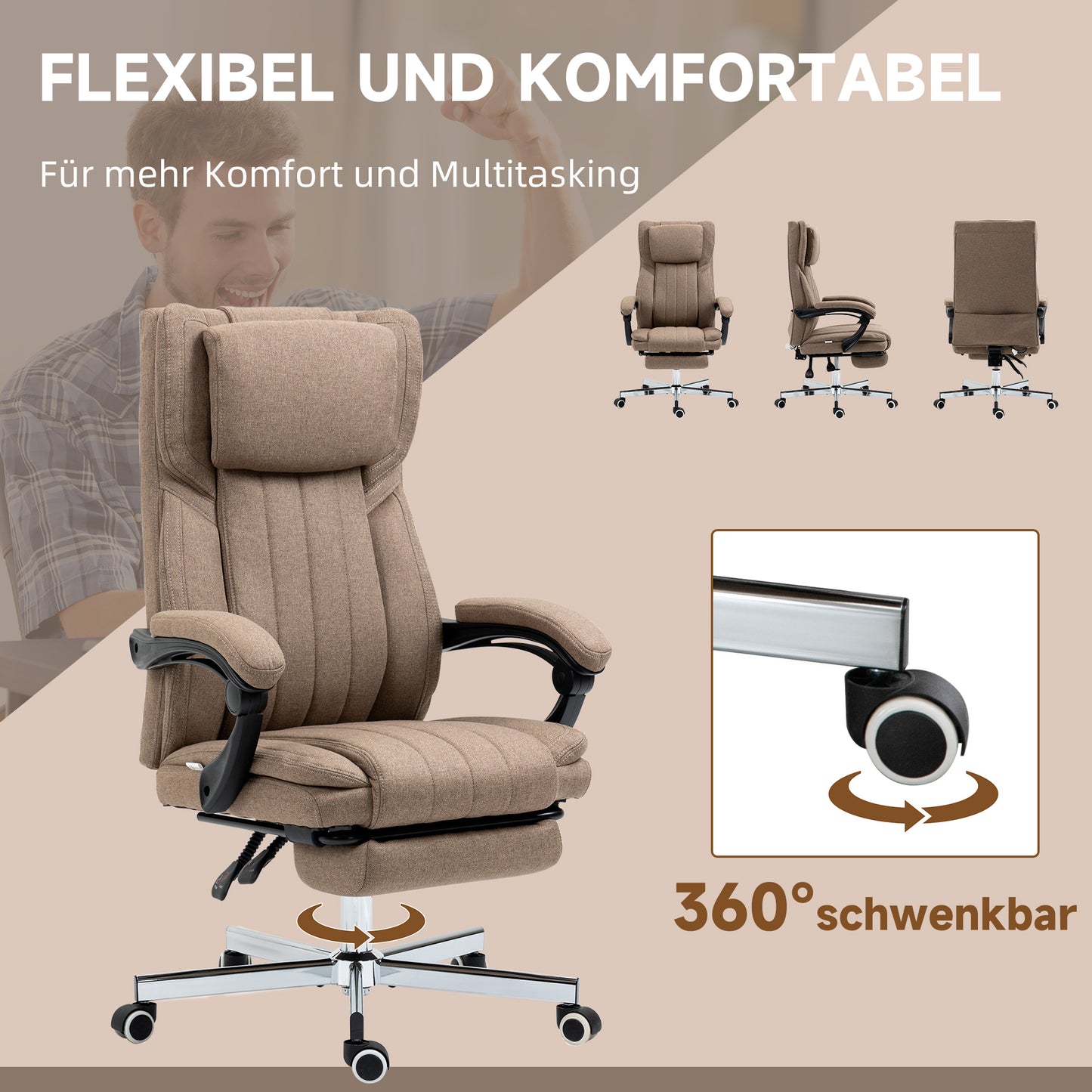 Vinsetto Bürostuhl med Massagefunktion, Neigbare Rücklehne, Ausziehbare Fußstütze, Leinenoptik, 65 x 61 x 118 cm, Braun