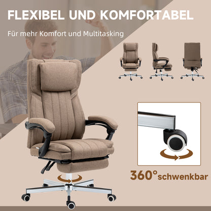 Vinsetto Bürostuhl med Massagefunktion, Neigbare Rücklehne, Ausziehbare Fußstütze, Leinenoptik, 65 x 61 x 118 cm, Braun