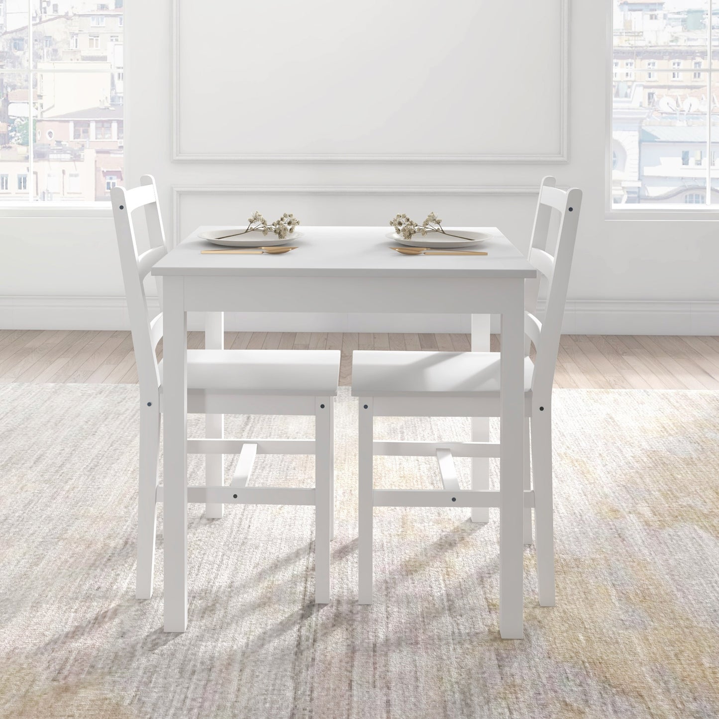 HOMCOM 3-teilige Essgruppe Sitzgruppe Tisch mit Stühlen, Massivholz, Weiß