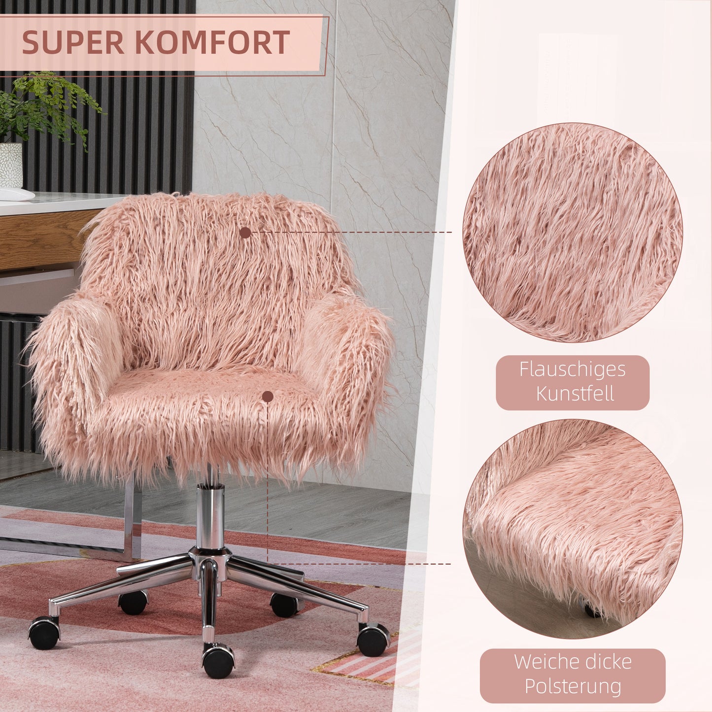 Vinsetto Chefsessel Drehstuhl Computerstuhl Schminkstuhl mit Kunstfell Sitzhöhenverstellung für Mädchen Kunstpelz Schaumstoff Rosa+Silber 57 x 60 x 75-85 cm