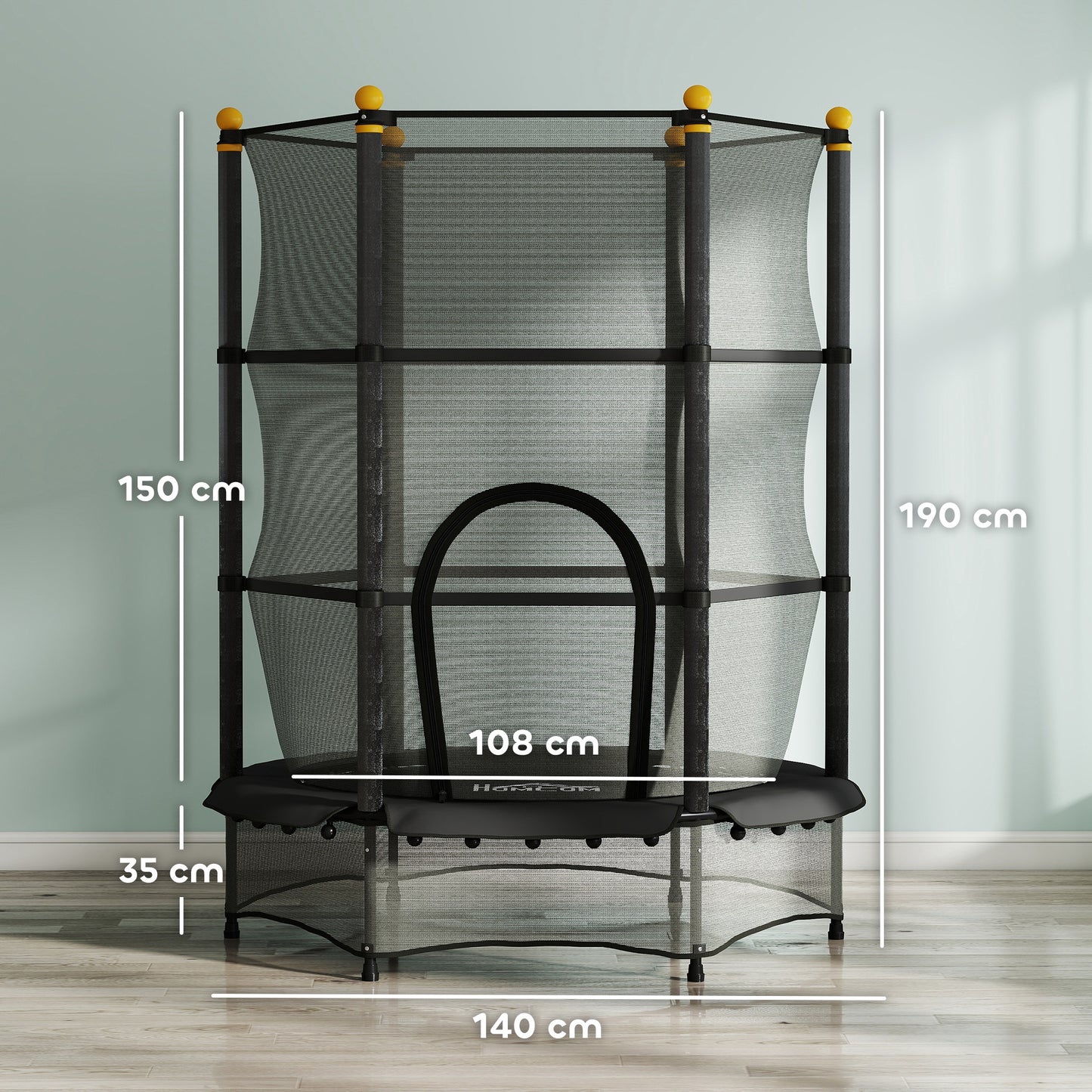 HOMCOM Trampolin für Kinder, Ø140 cm, mit Sicherheitsnetz, für innen und außen, Stahl, Kunststoff, belastbar bis 50 kg, Schwarz