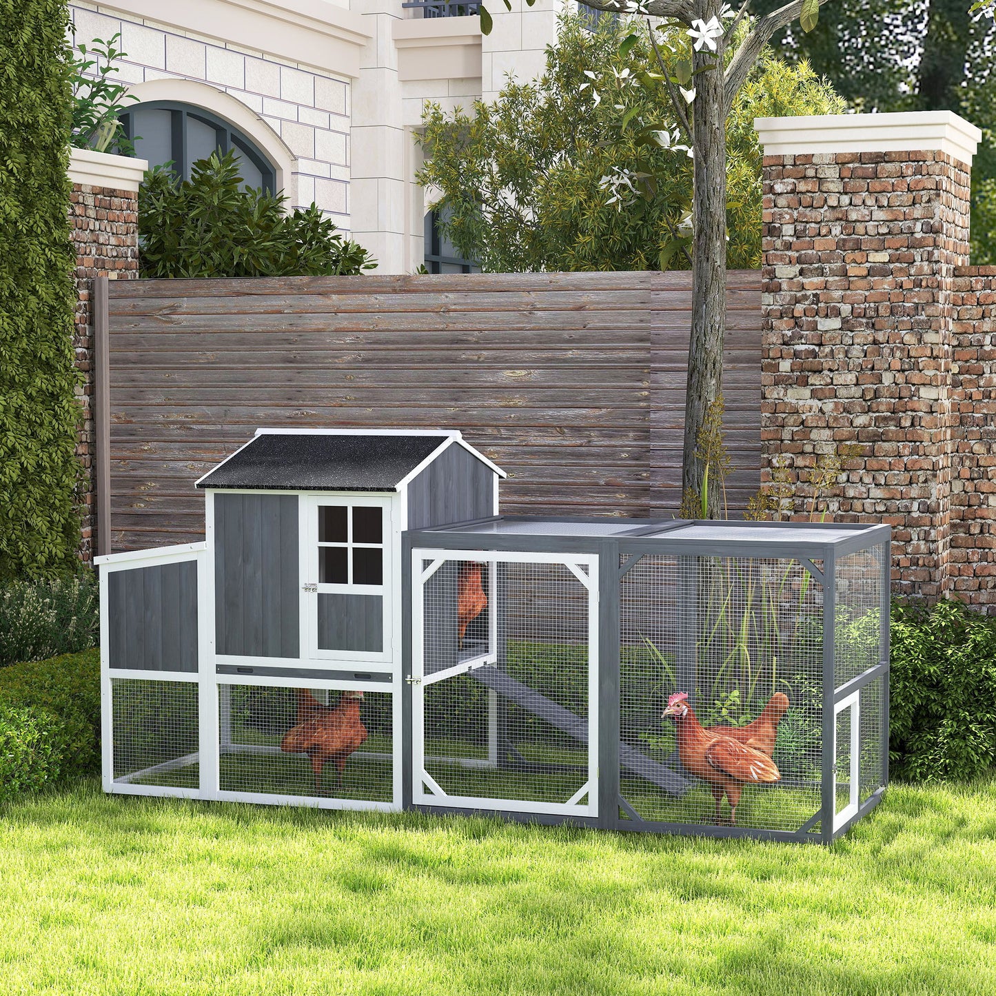 PawHut Hühnerstall mit Auslauf für 3-4 Hühner, 3-tlg. Nistkasten, 1,9 m² Fläche, Tannenholz, Grau