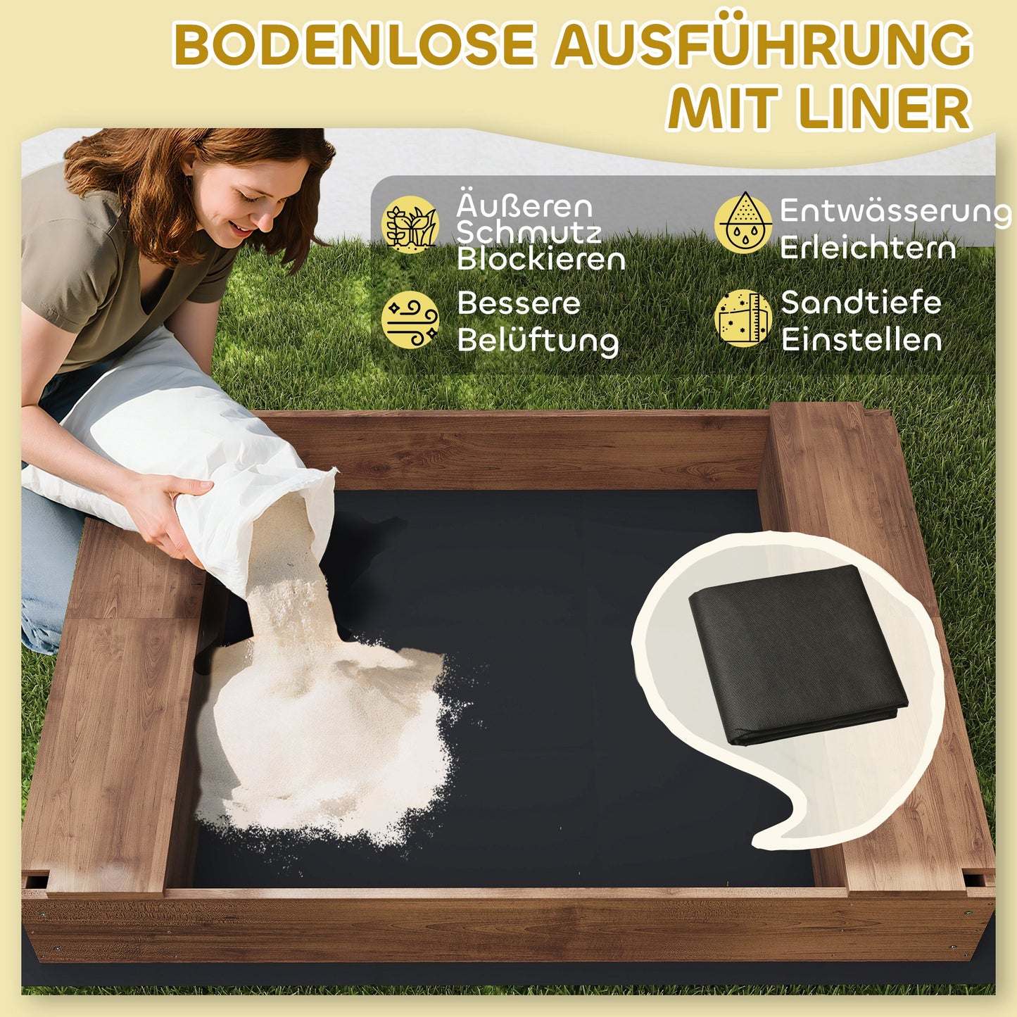 AIYAPLAY Sandkasten, Sandkiste mit Vordach und Netztür, Sitzbänke, Bodenschutz, Braun