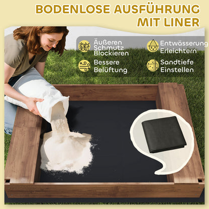 AIYAPLAY Sandkasten, Sandkiste mit Vordach und Netztür, Sitzbänke, Bodenschutz, Braun