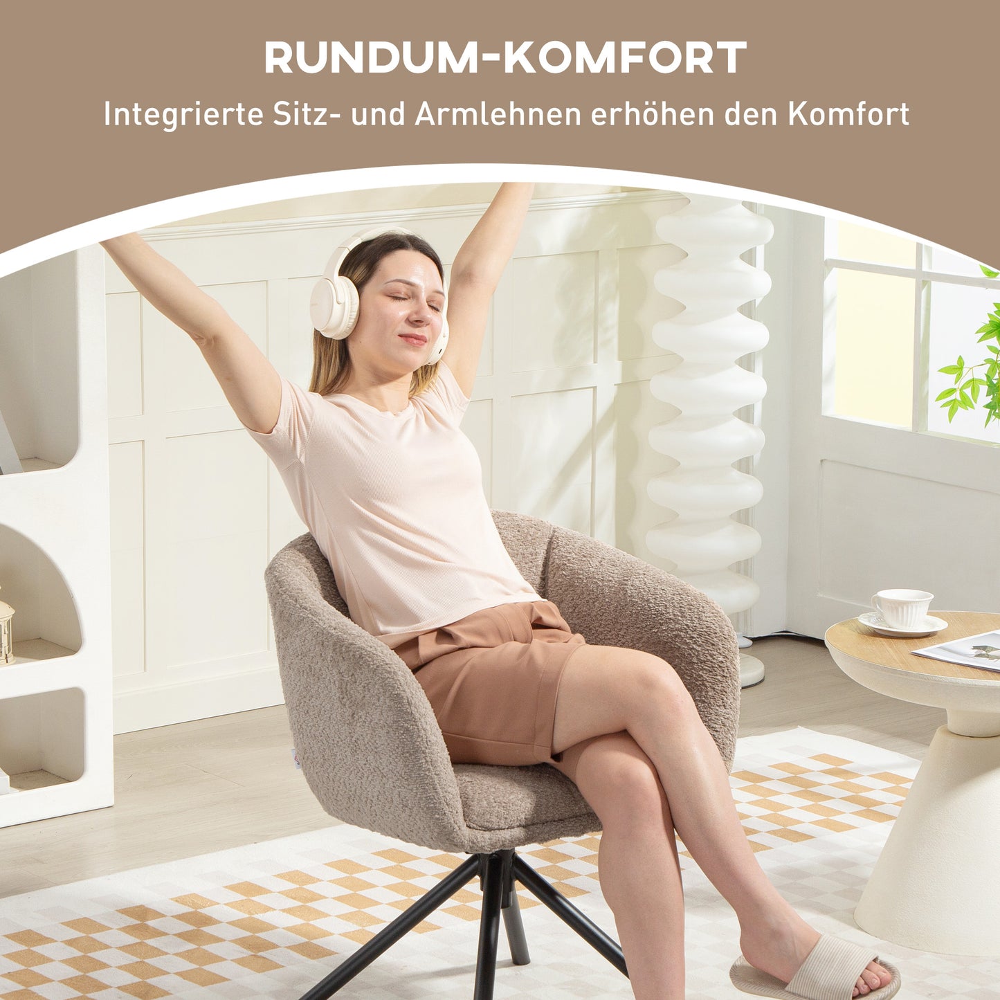 HOMCOM Sessel, Polsterstuhl mit bequemer Sitzschale, drehbar, kuscheliger Bezug, bis 120 kg, Hellbraun