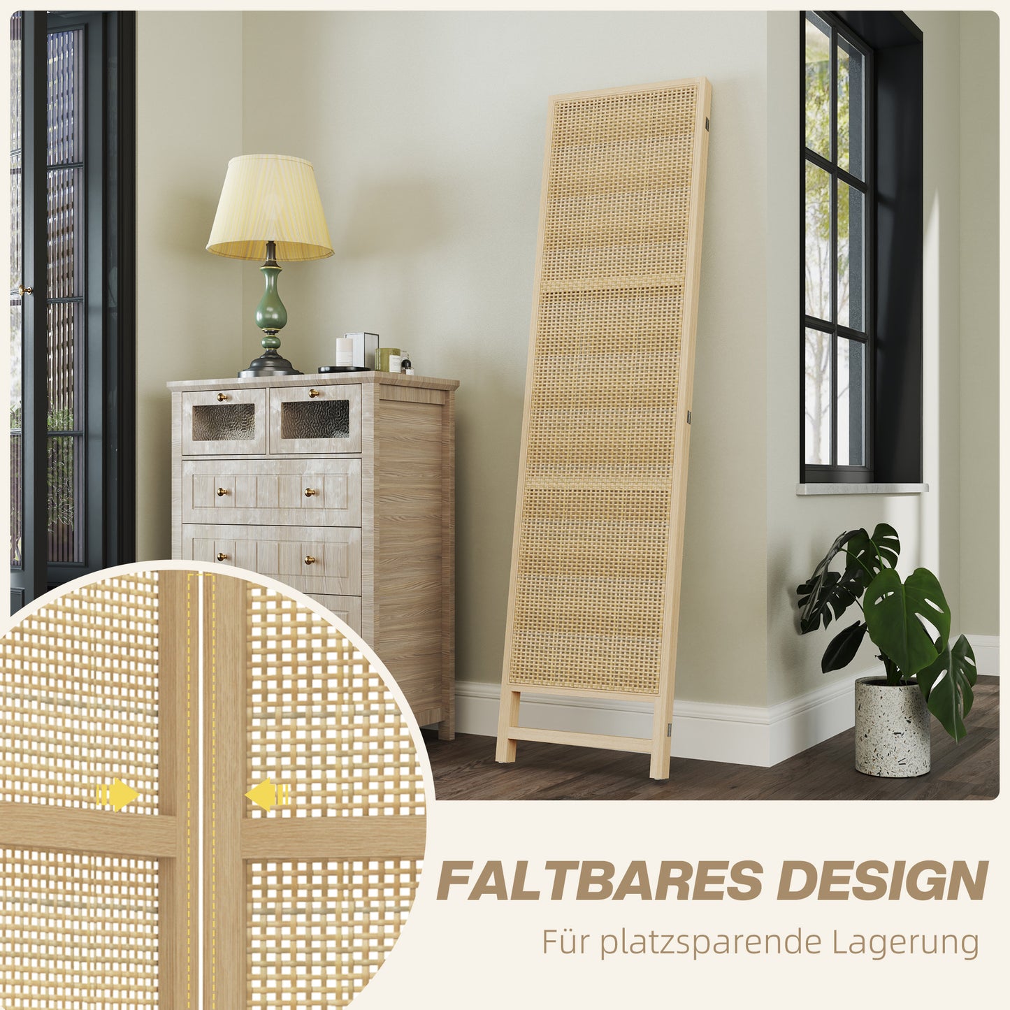 HOMCOM 3-teiliger Raumteiler, 180 cm faltbarer Wandschirm, Freistehender Raumtrenner mit handgewebtem Design für Zuhause, Natur