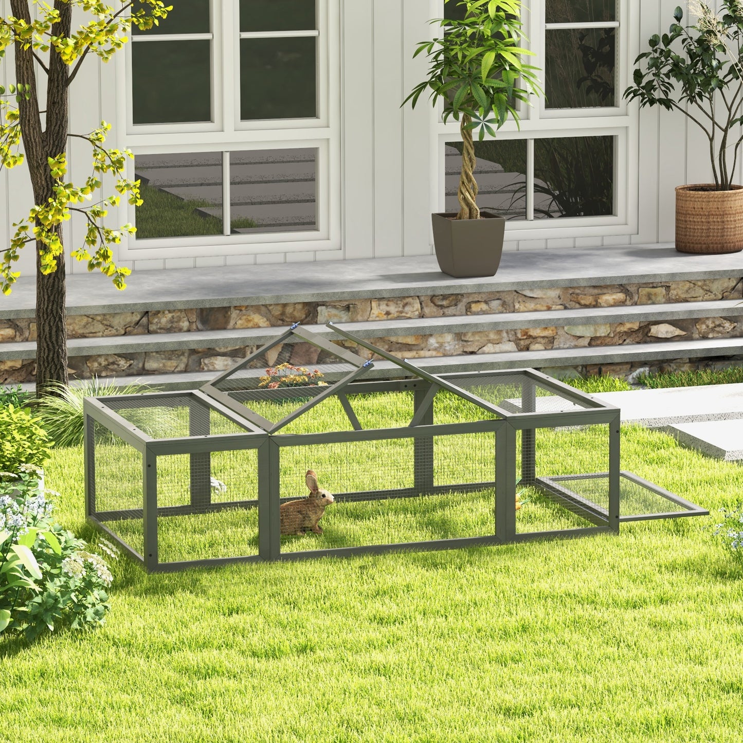Pawhut Freilaufgehege für Kleintiere Aufklappbares Dach Tannenholz Grau