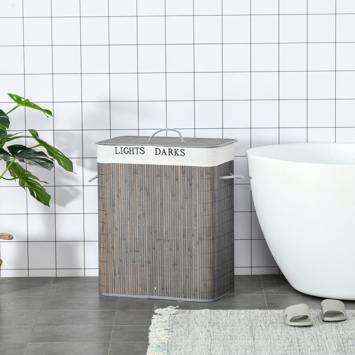 HOMCOM 100L Wäschekorb mit 3 Griffen, mit waschbarem Wäschesack, Bambus, Polyester, Baumwolle, Metall, 52 x 32 x 63 cm, Grau