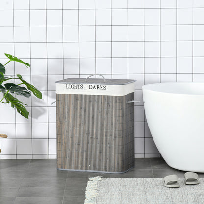 HOMCOM 100L Wäschekorb mit 3 Griffen, mit waschbarem Wäschesack, Bambus, Polyester, Baumwolle, Metall, 52 x 32 x 63 cm, Grau