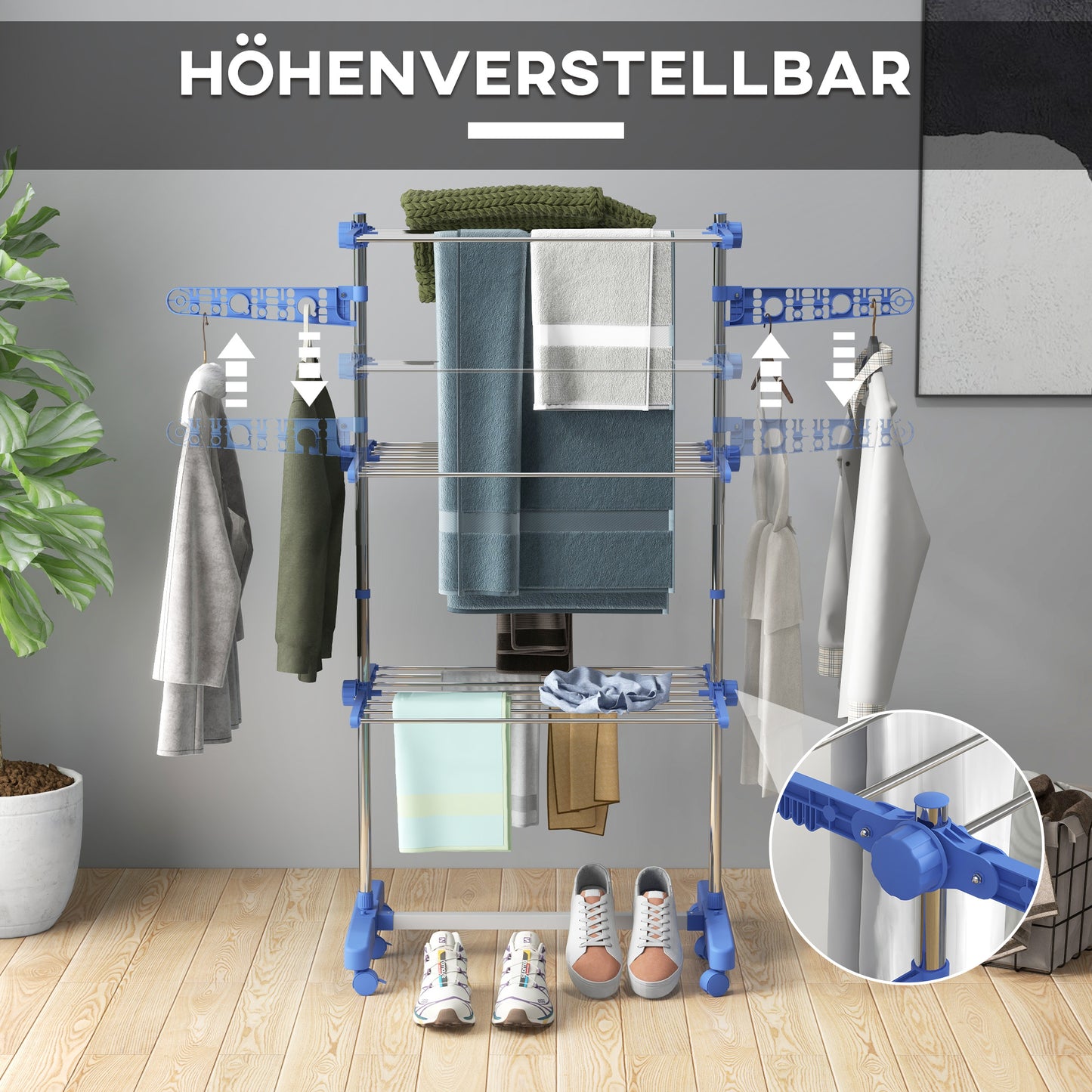 HOMCOM Wäschenständer Wäschetrockner. 4 Ebenen, klappbar, One-Klick-System, 142 cm x 55 cm x 152 cm Blau + Silber