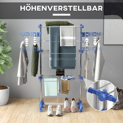 HOMCOM Wäschenständer Wäschetrockner. 4 Ebenen, klappbar, One-Klick-System, 142 cm x 55 cm x 152 cm Blau + Silber