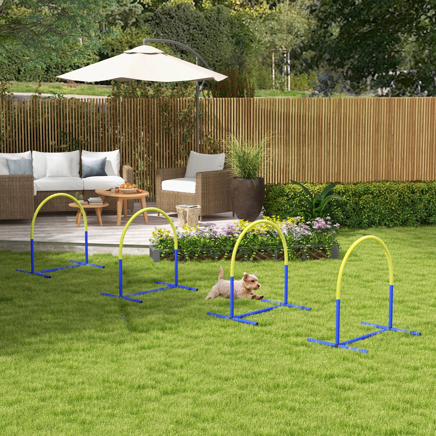 PawHut Agility-Set för Hunde, Hundetraining, 4 Bögen, für Einsteiger, mit Tragetasche, blau+gelb, 88 x 64 x 95cm